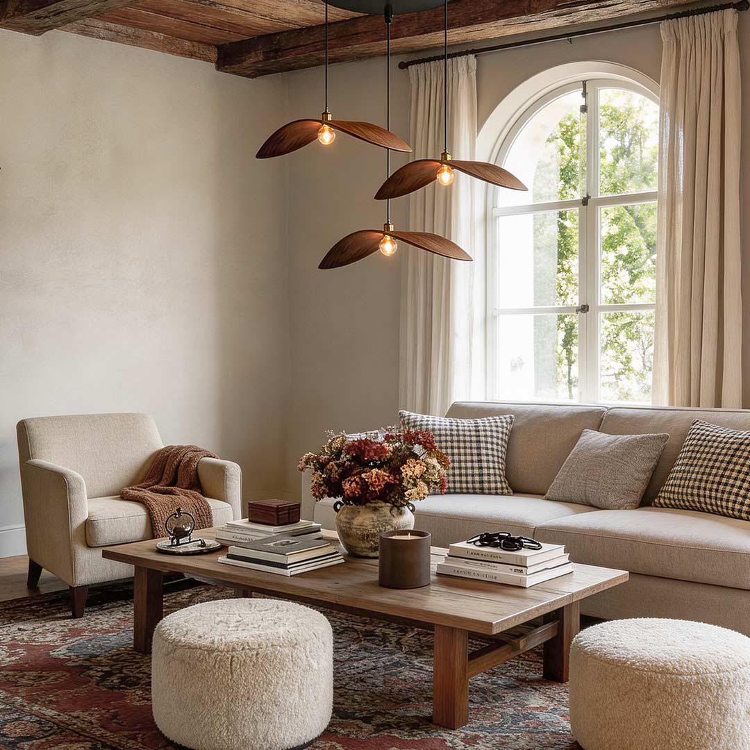 Elegant curved wood pendant light illuminating a cozy living room with a sofa and coffee table.