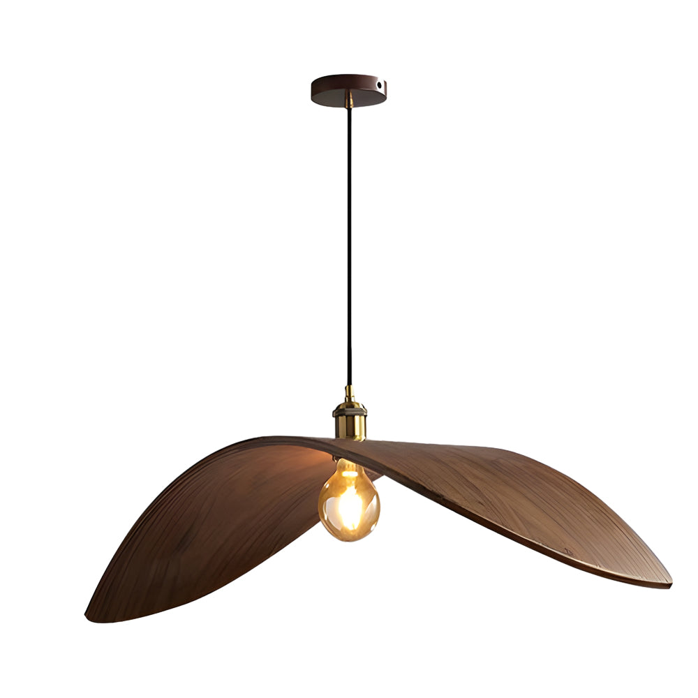 Curved wood pendant light with a natural wood finish, illuminating a modern interior.