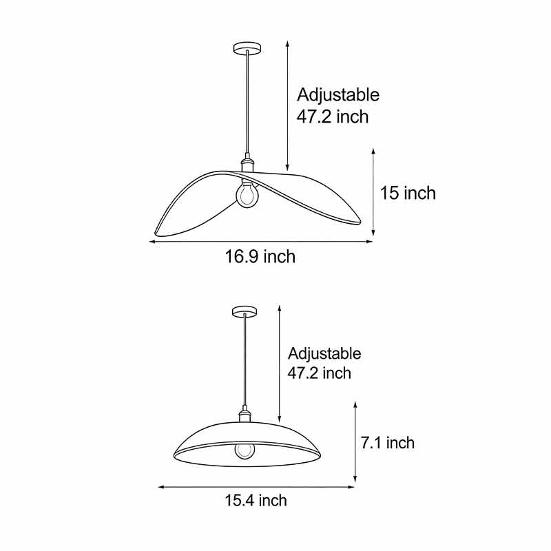 Technical diagram of curved wood pendant light showing dimensions and installation details.