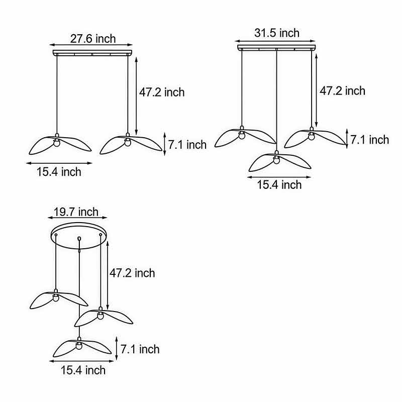 Technical diagram of curved wood pendant light showing size and hanging specifications.