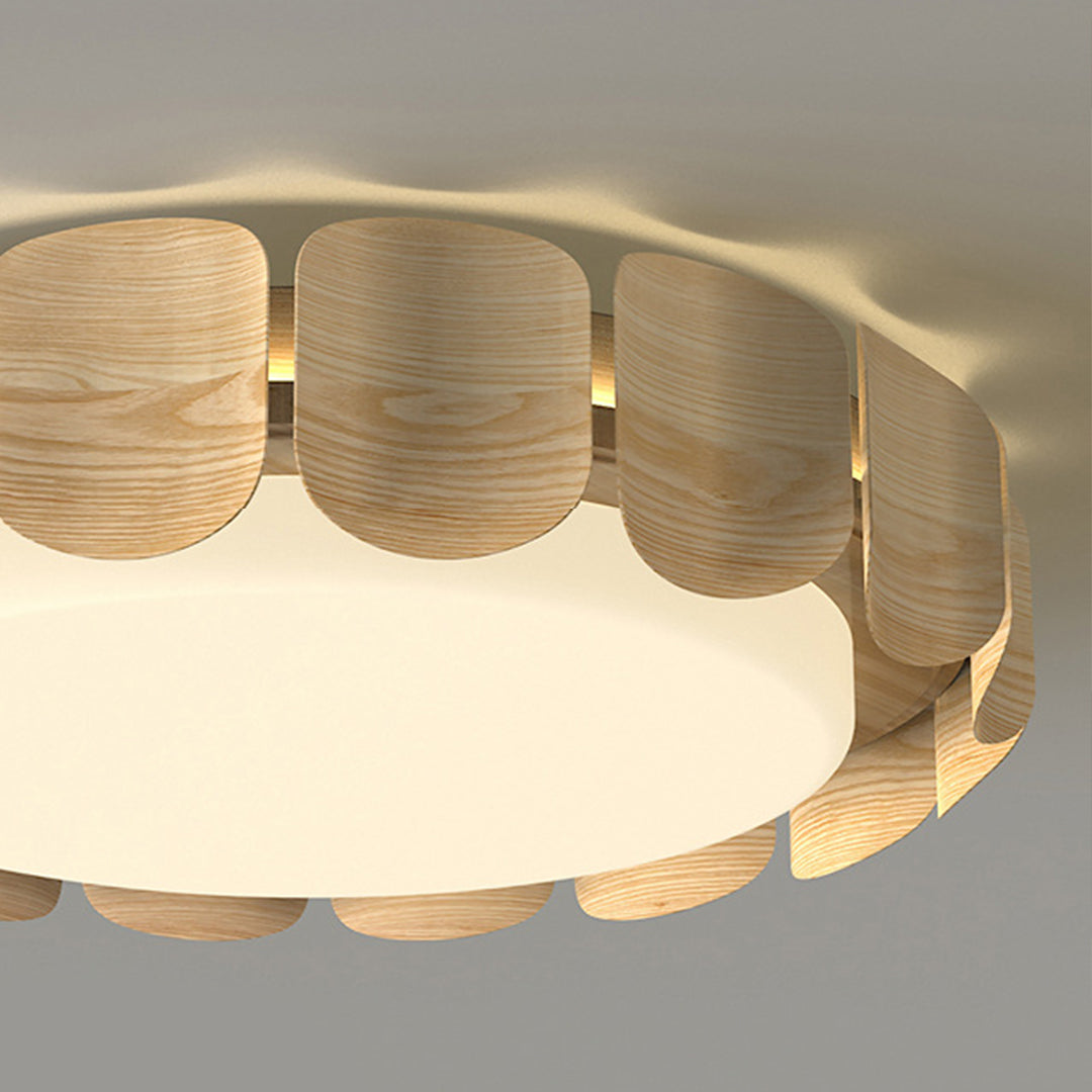 Curved wooden glass shade chandelier with integrated LED ceiling light in contemporary setting