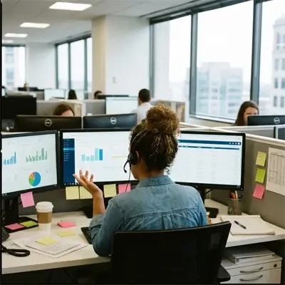 Customer support specialist assisting clients from a modern office