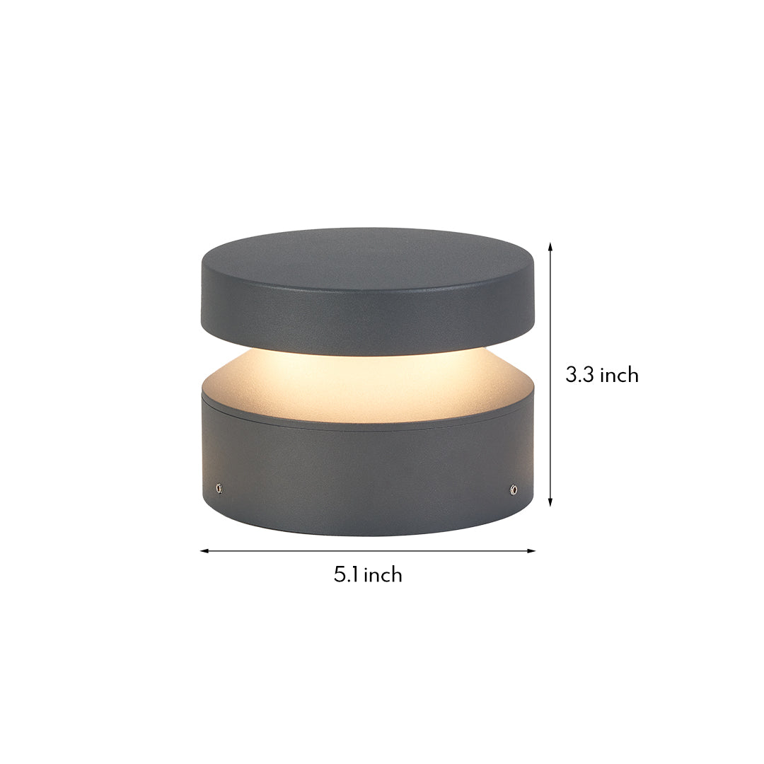 Technical specification drawing of compact cylindrical LED path light showing dimensions and warm light band details
