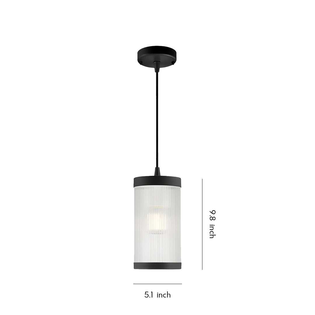 Modern cylindrical outdoor pendant light fixture with a minimalist black top and frosted diffuser against a white background.