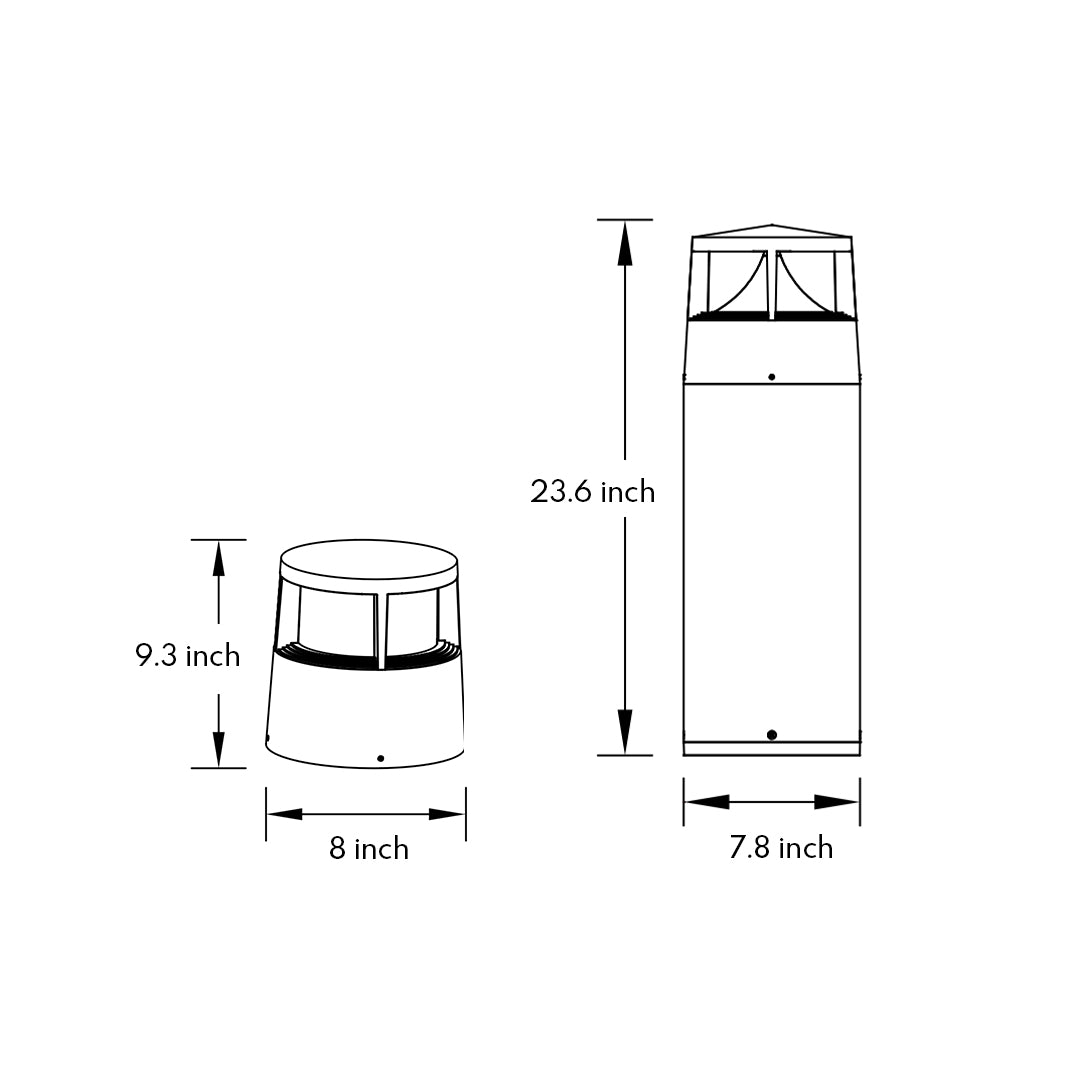 Technical drawing with measurements for cylindrical bollard light featuring decorative top opening design