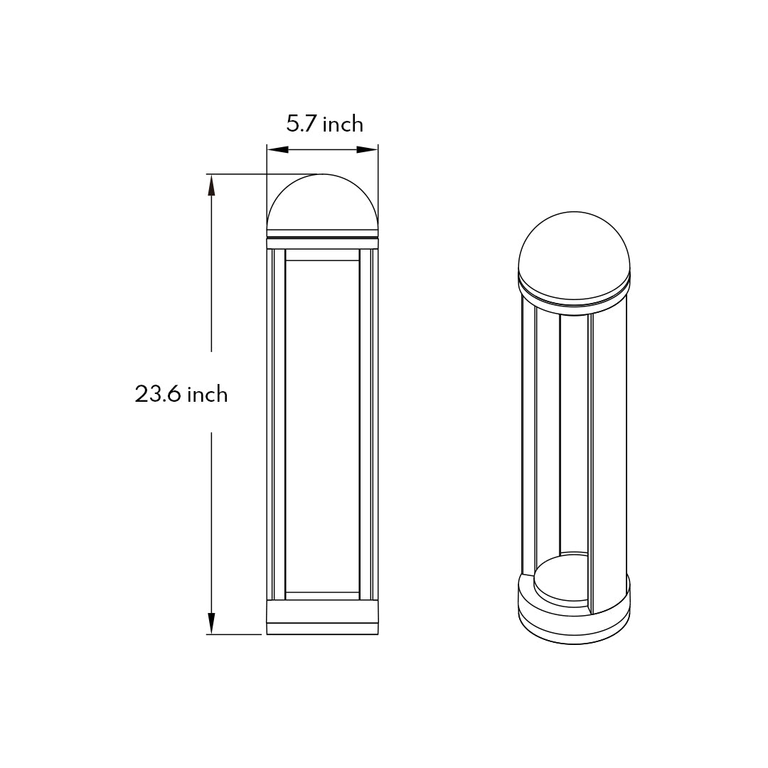 Technical drawing with dimensions for tall cylindrical bollard light with top illumination