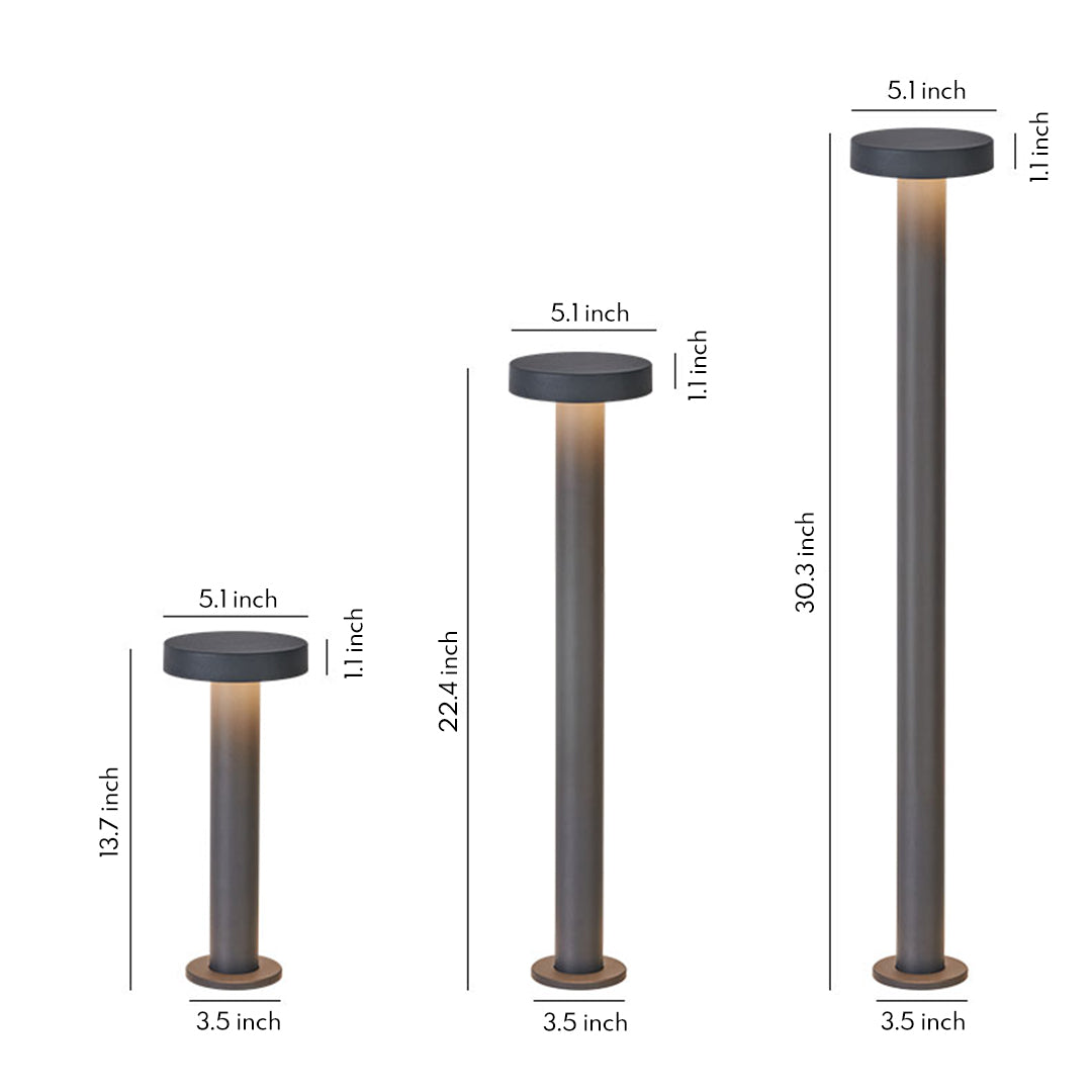 Technical specifications diagram showing three different heights of cylindrical LED path lights with measurement details