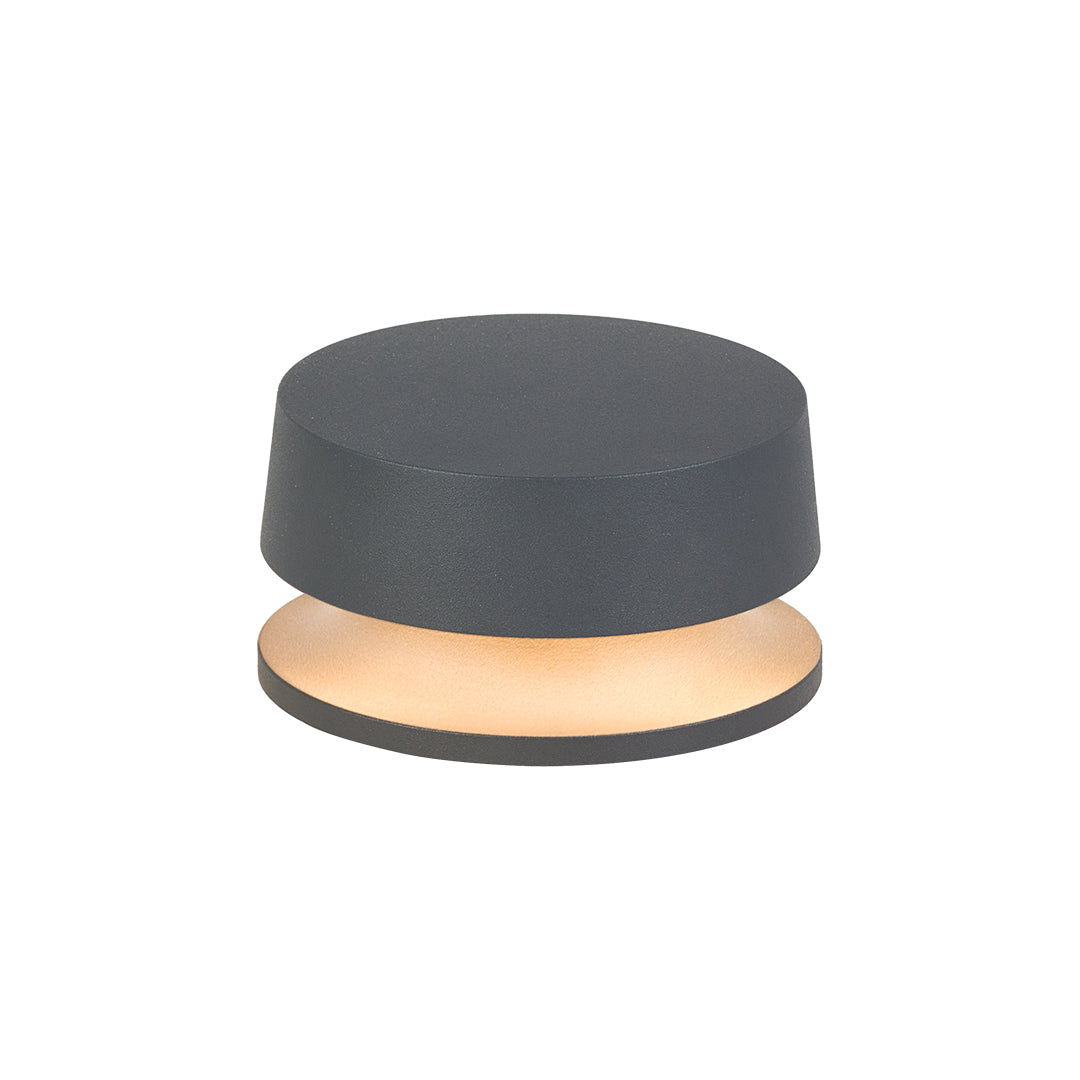 Modern black cylindrical LED path light with horizontal warm light strip for contemporary outdoor lighting