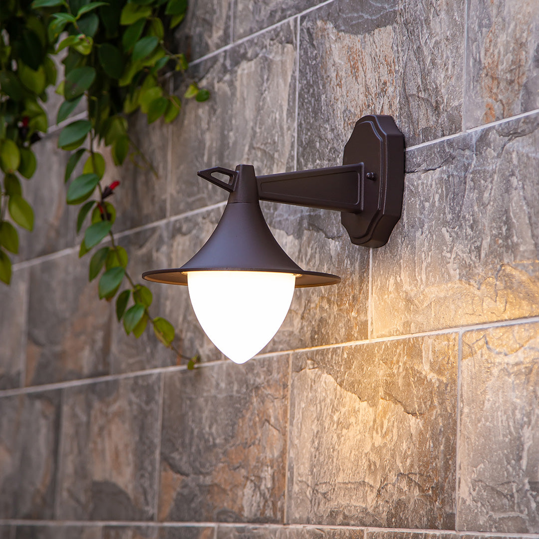 Sophisticated bronze outdoor light with triangular shade and premium architectural finish