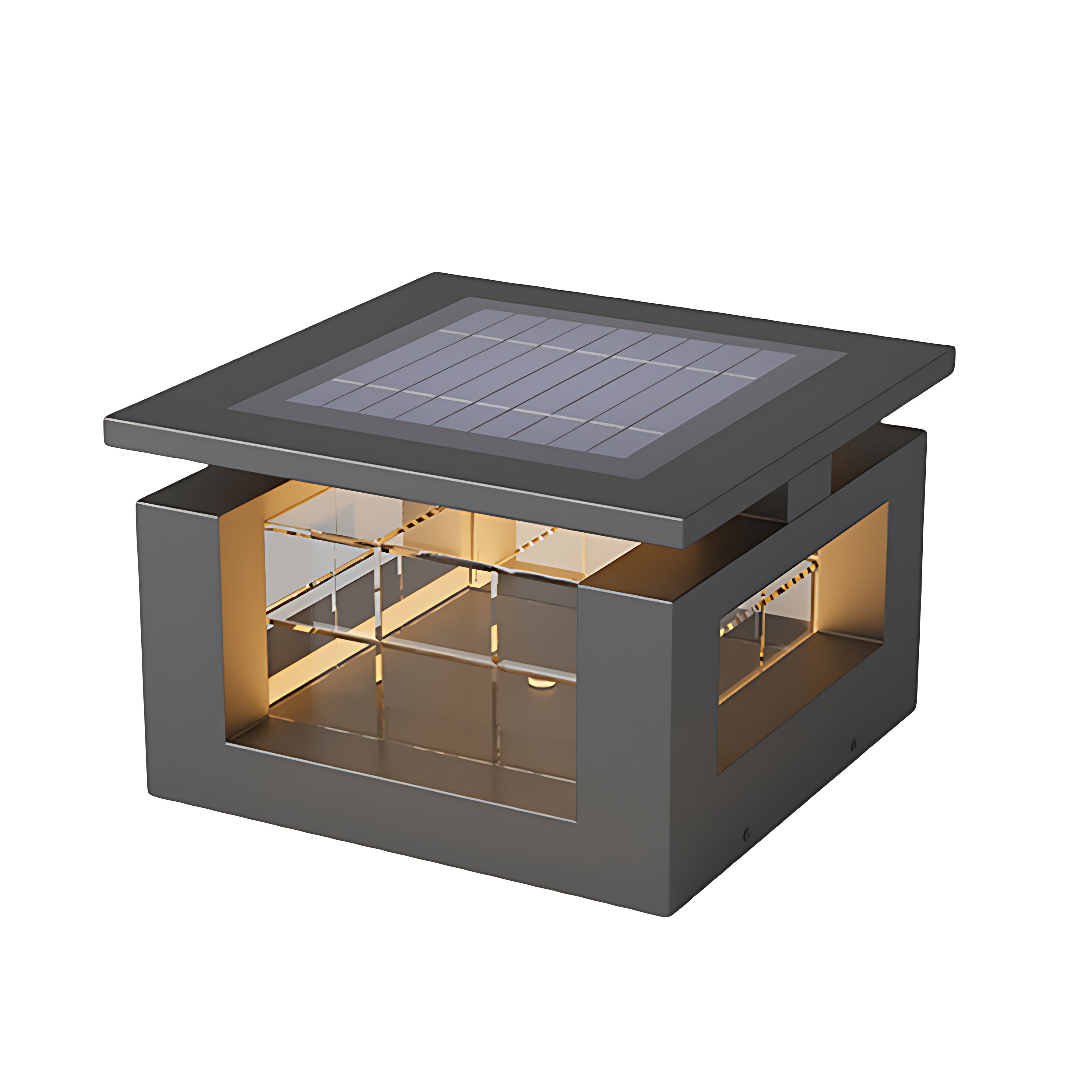 Contemporary cubic light fixture with geometric design and integrated LED panel for architectural accent applications