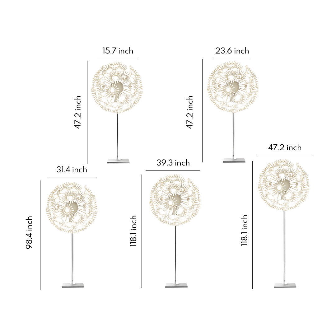 Elegant dandelion garden lights outdoor with detailed measurement diagram.