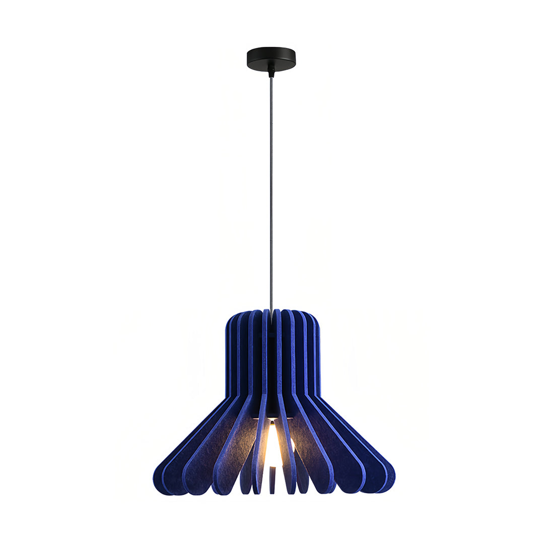 Product shot of the dark blue felt fabric tiny pendant light showcasing its compact design 