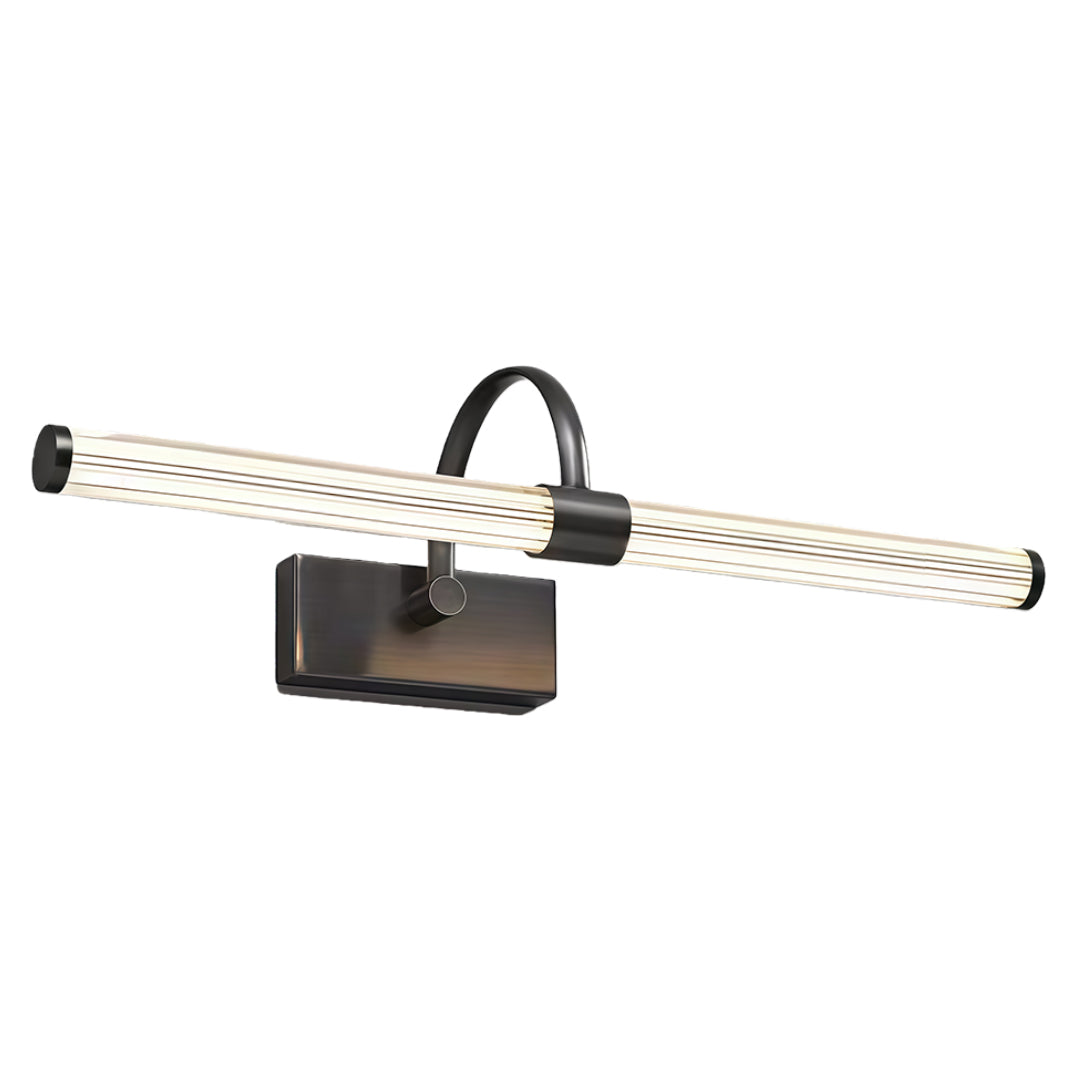 Dark bronze bathroom vanity wall light with oil-rubbed finish and contemporary linear LED design.