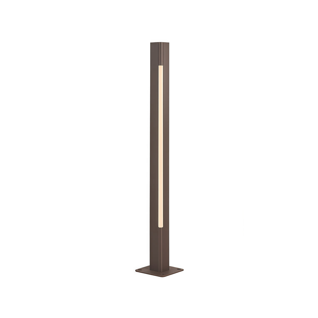 Dark bronze tall cylindrical led bollard light fixtures presenting a sleek vertical outdoor lighting design.