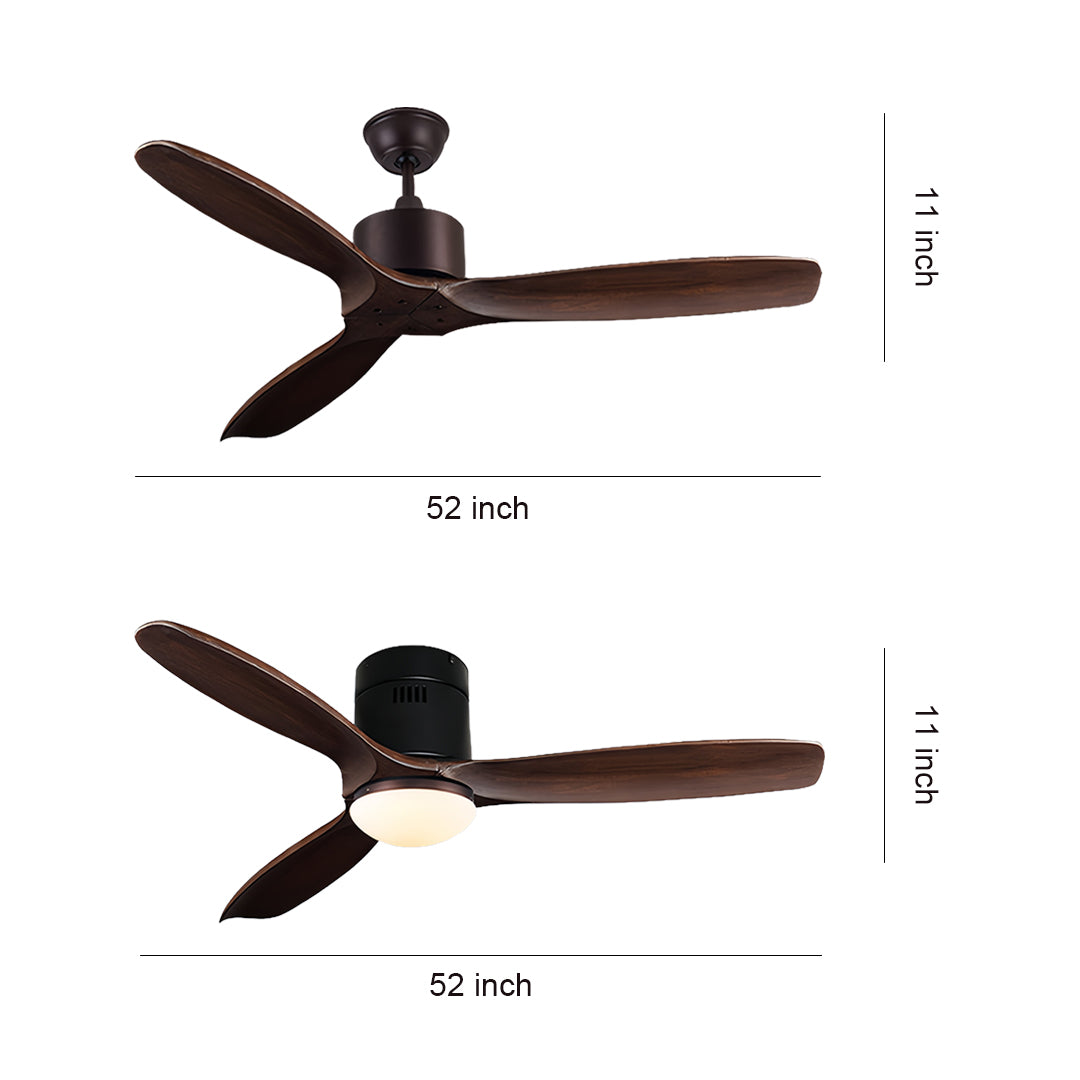 Two wooden ceiling fans with light in dark bronze finish featuring rich wood blades