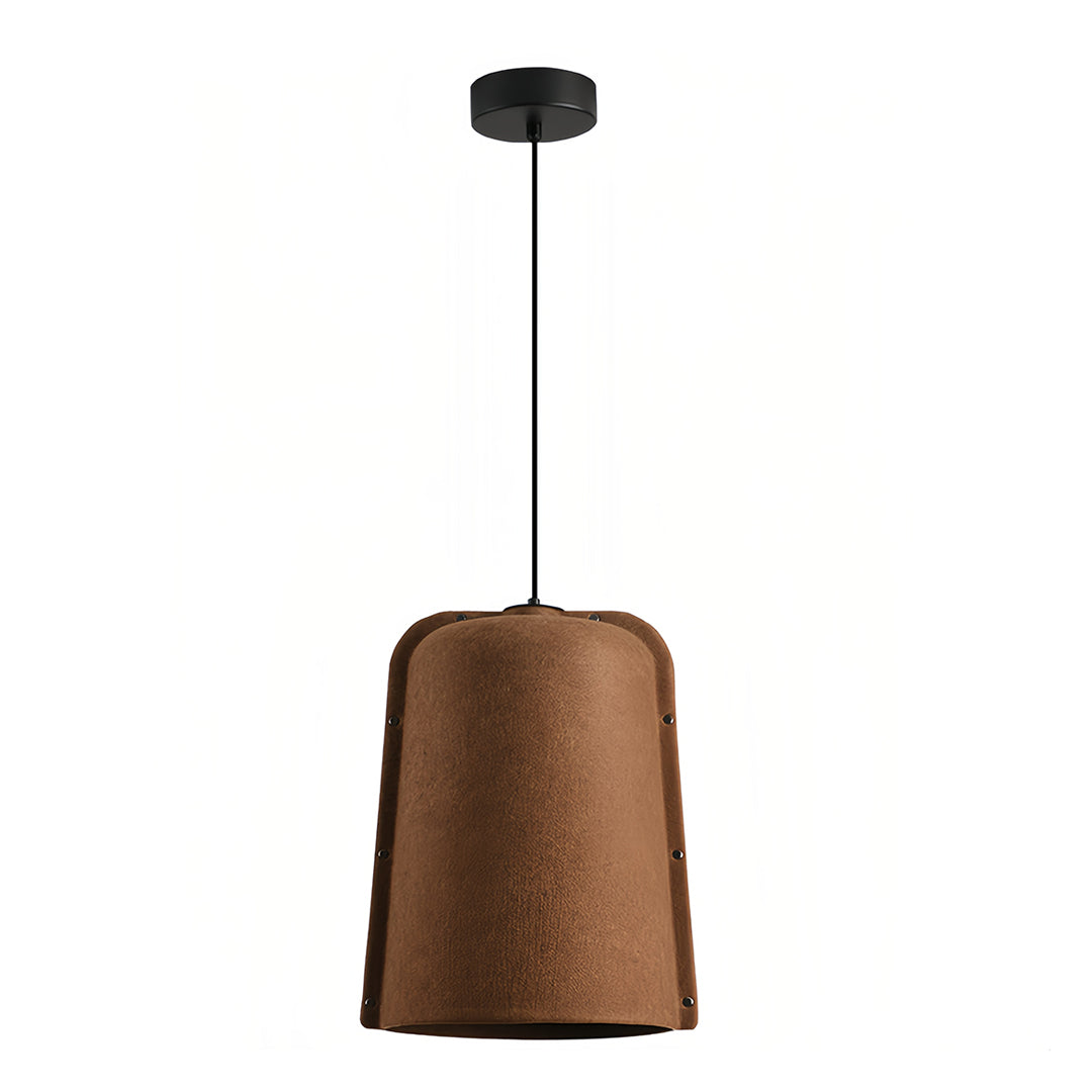 Standalone view of a dark brown cork-like felt adjustable pendant light, showcasing its natural texture.