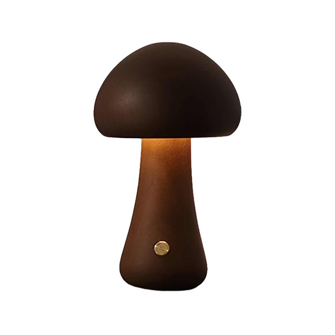 Contemporary table mushroom lamp with dark brown cap and illuminated amber stem