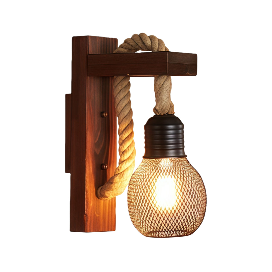 Dark brown stained wood rustic wall light with a prominent rope accent and a glowing filament bulb, in product isolation.