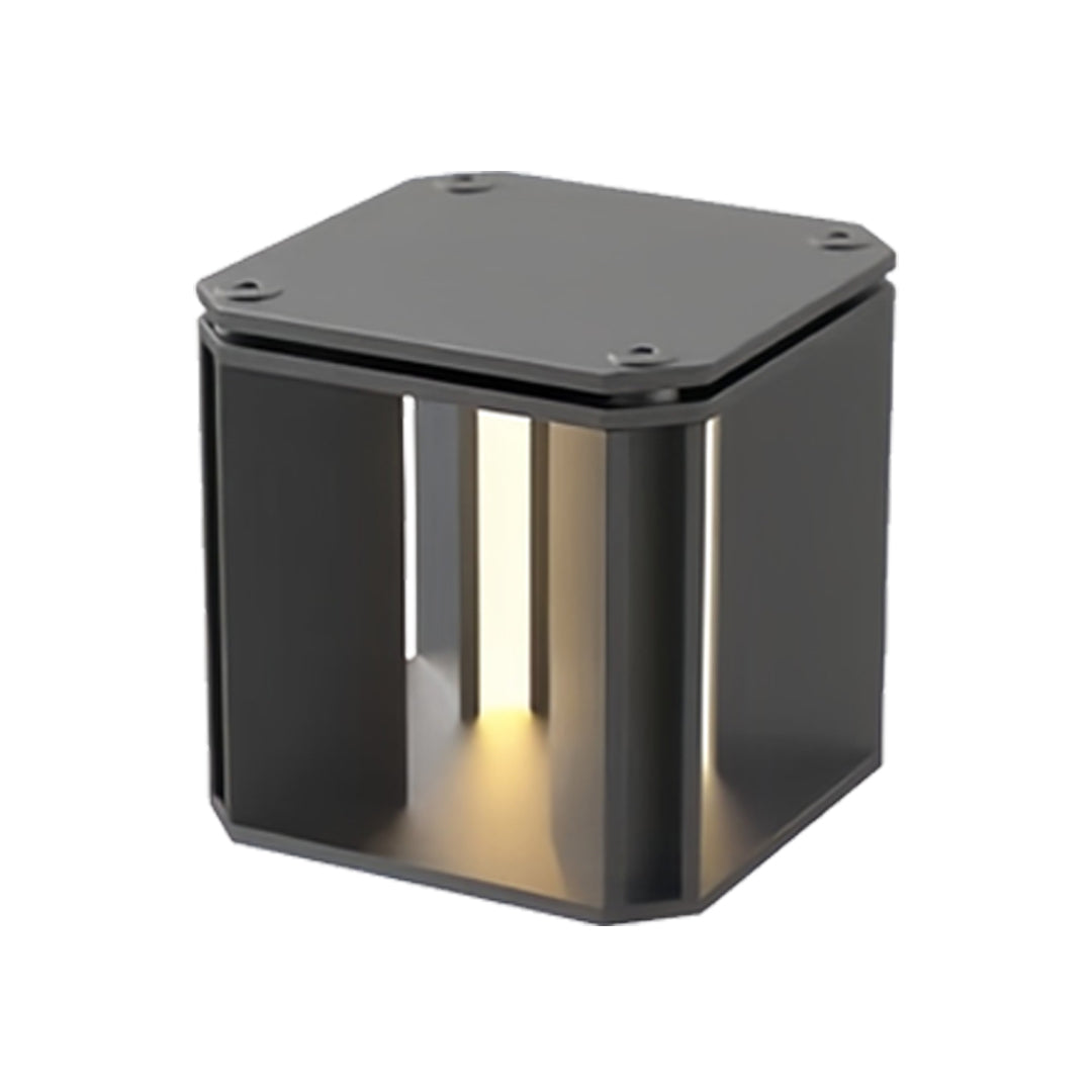 Modern dark cube main gate pillar light design with vertical light panels for outdoor gate lighting.