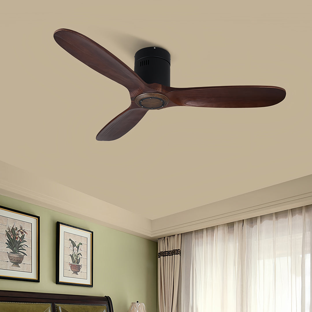 3 blade ceiling fan with dark finish installed in neutral-toned contemporary interior