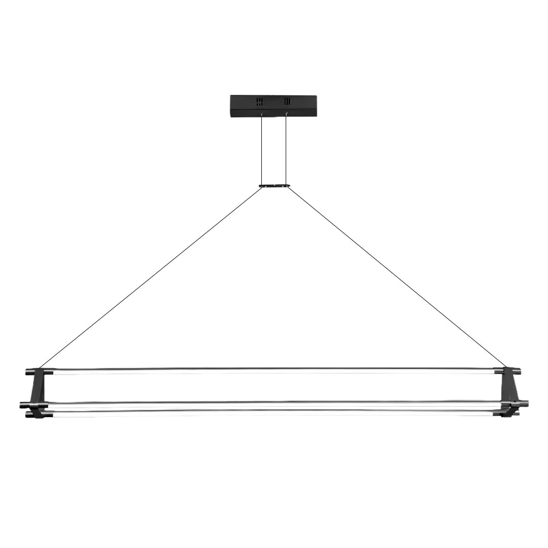 Sophisticated linear pendant lights with dark frame creating dramatic overhead lighting accent