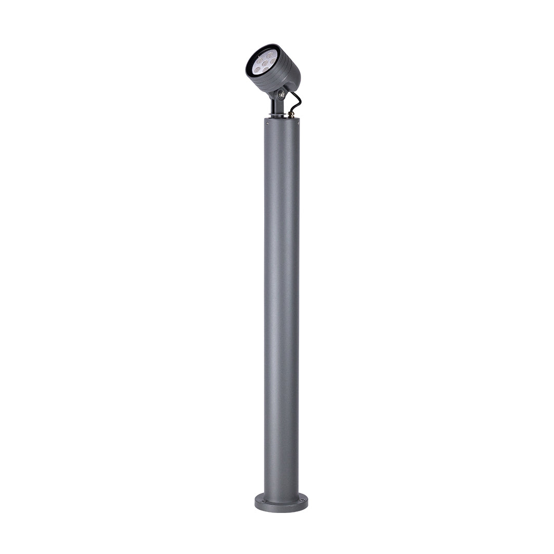 Tall dark gray cylindrical bollard light fixture with modern minimalist design for pathway lighting