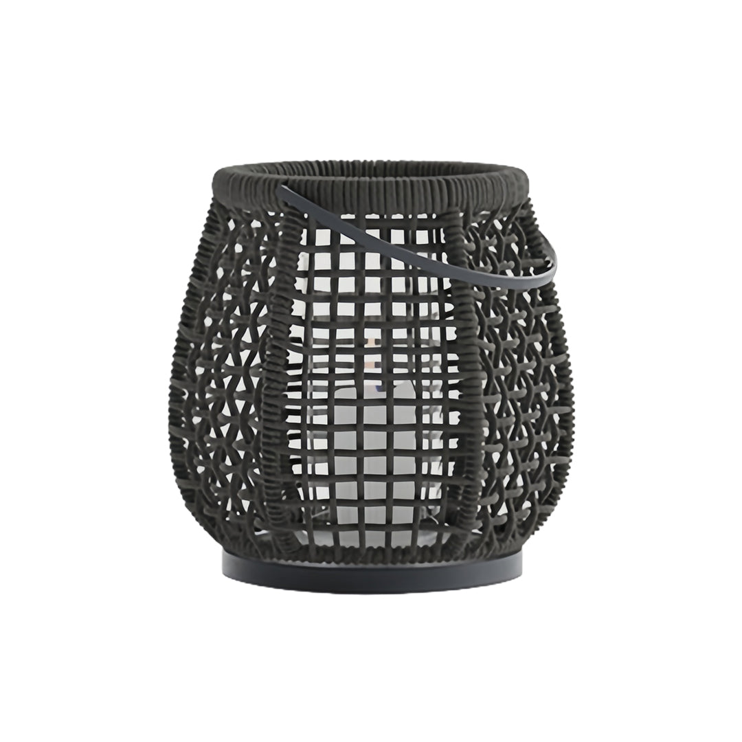 Dark gray woven outdoor lanterns featuring a decorative braided texture and a silver metal handle, ideal for modern patio decor.