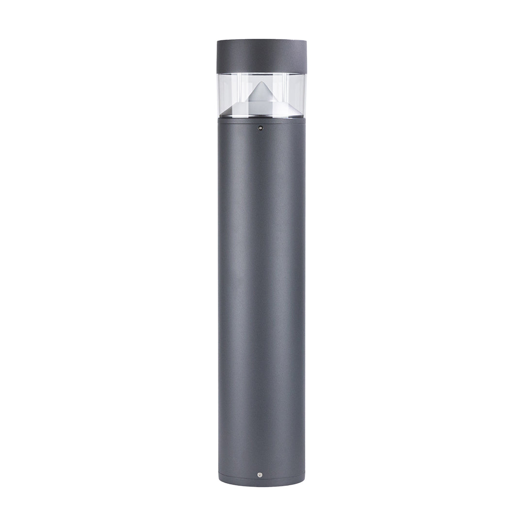 Dark gray cylindrical bollard with illuminated horizontal band and contemporary design