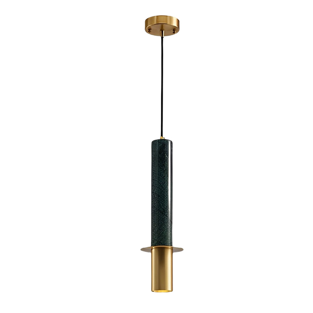 Modern single dark green terrazzo cylinder pendant light with gold hardware on white backdrop.