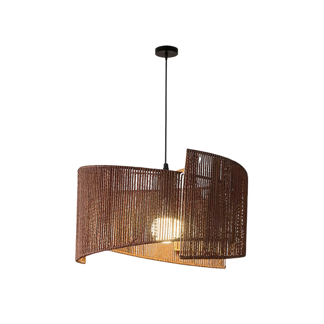 Rattan woven pendant light with a dark natural rattan shade and sculptural curved design.