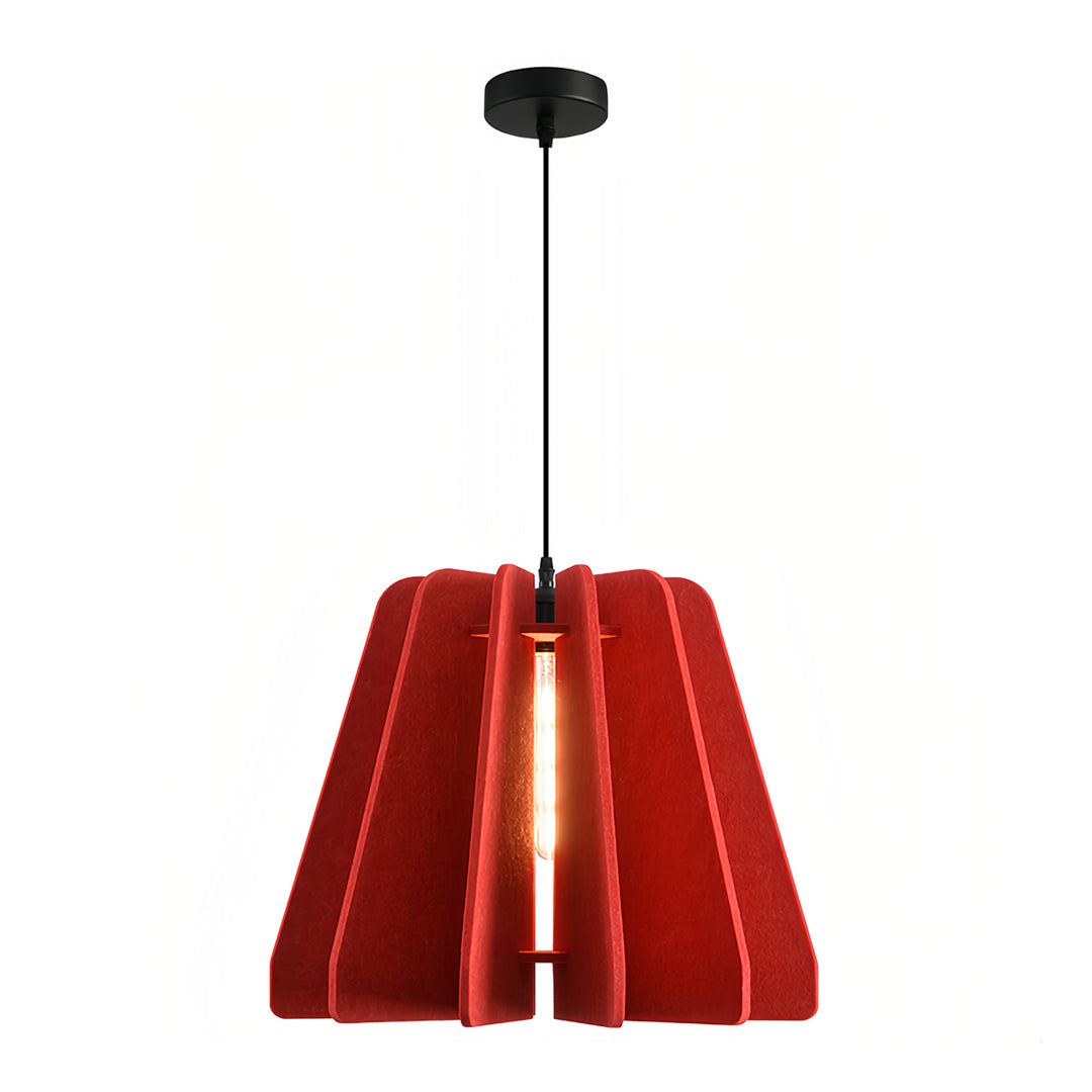Standalone image of a rich dark red felt 1 light single pendant light with a modern, slatted cylindrical design.