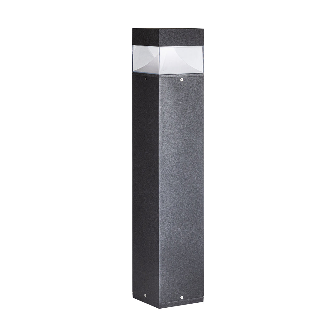 Dark square bollard light with horizontal illuminated band and modern geometric design