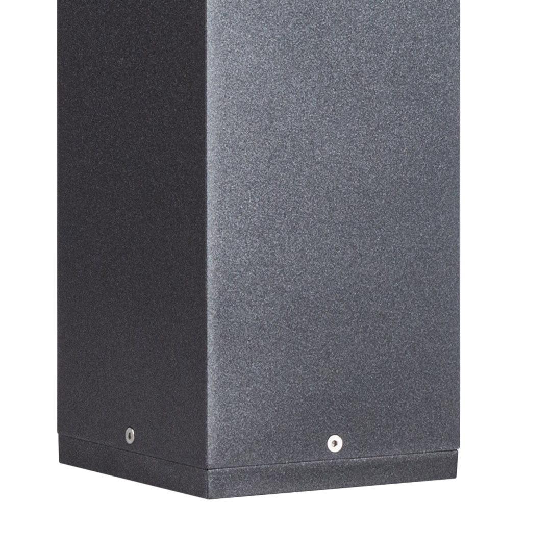 Dark square bollard light with illuminated horizontal stripe and contemporary design