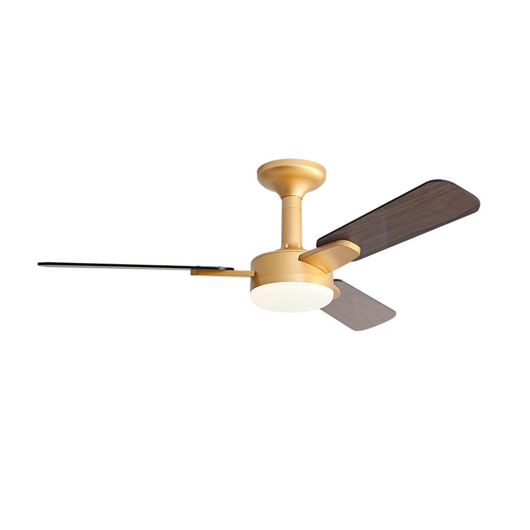 Copper ceiling fan with light featuring dark wood blades and a warm metallic motor housing.