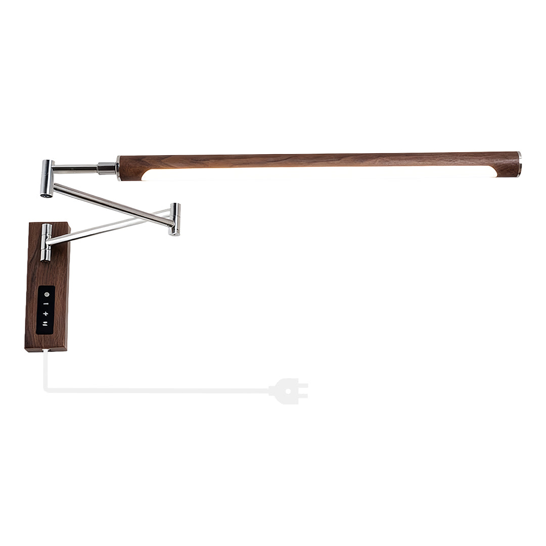 Dark wood finish swing wall light in a folded position ready for packaging or shipping display.