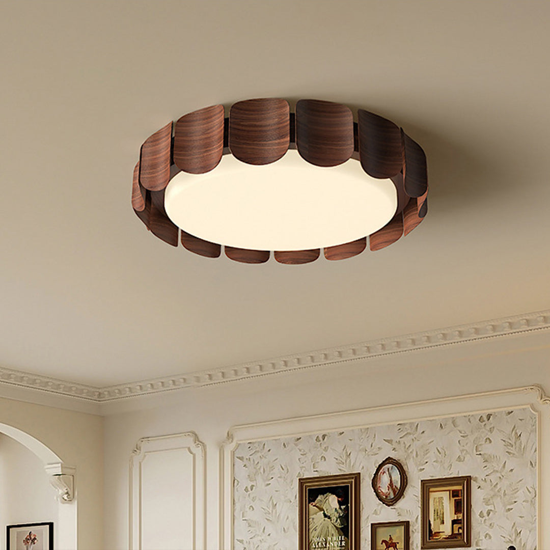 Dark wood glass shade chandelier with white LED illumination in elegant living space