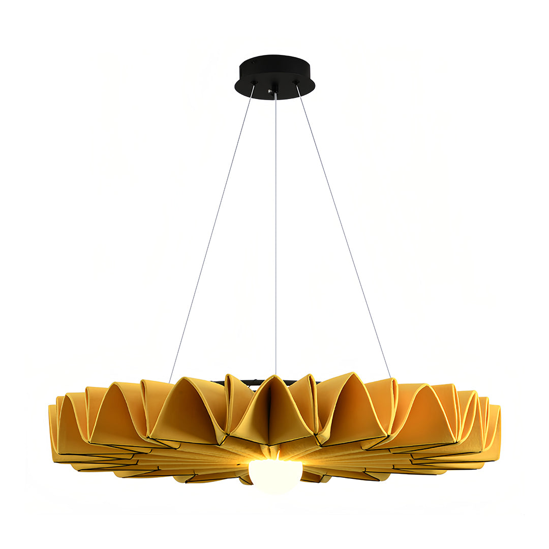 Individual product shot of a dark yellow ruffled cloth chandelier on a white background 