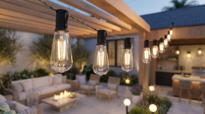 Decorative solar camping string lights with lantern-style bulbs illuminating garden party setting with beautiful bokeh background