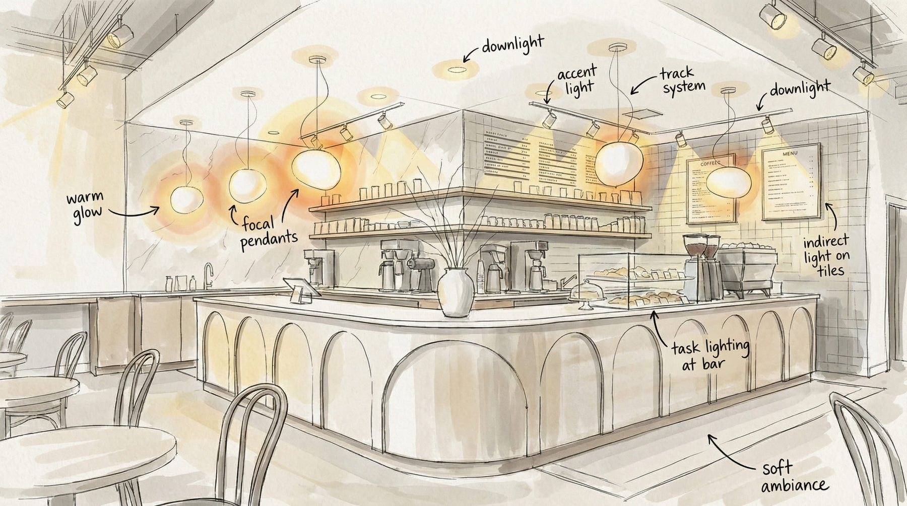 Warm cafe pendant lights over a counter, helping judge fixture height and countertop coverage