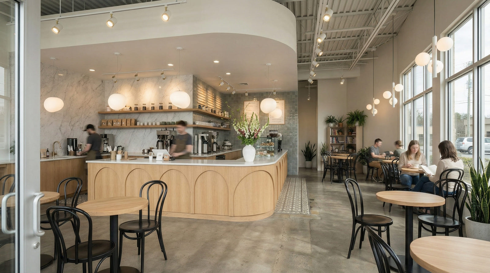 Cafe lighting scene with pendants over the bar, helping evaluate scale for hospitality counters