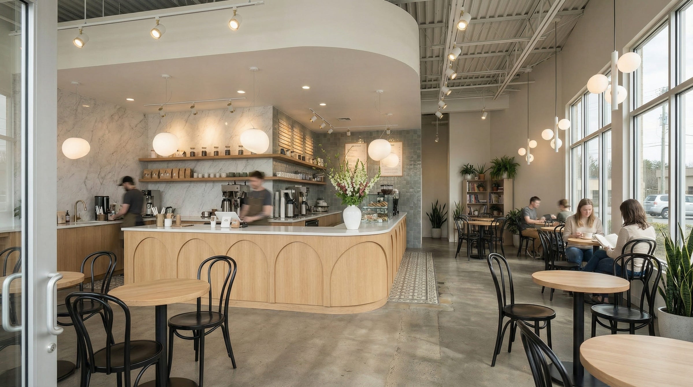 Cafe lighting scene with pendants over the bar, helping evaluate scale for hospitality counters