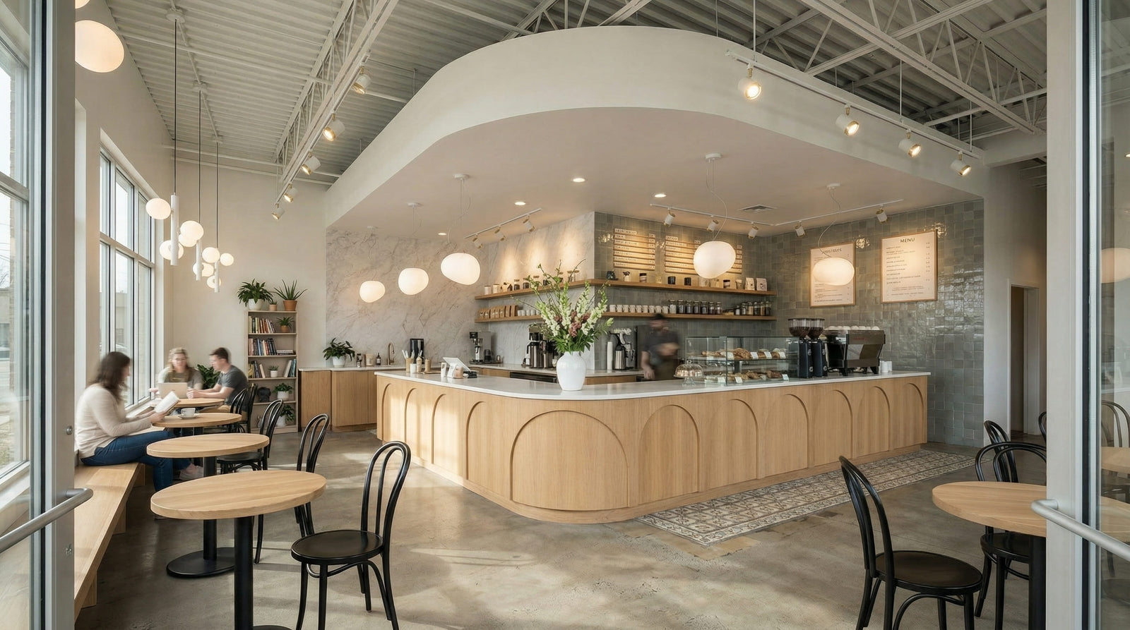 Coffee shop counter lighting image showing fixture alignment with stools, menu boards, and work surfaces