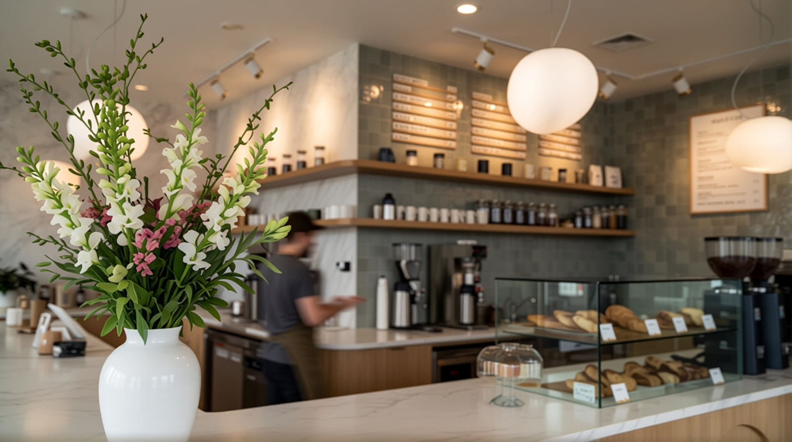 Commercial cafe interior lighting view showing pendants used to define the main counter