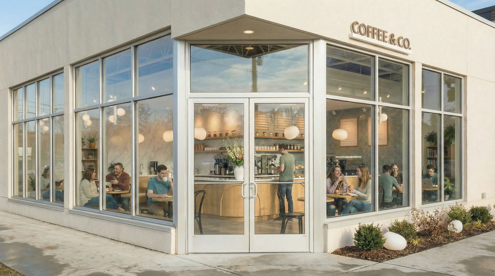  Pendant lights in a coffee shop counter area, showing warm task light for ordering and preparation zones