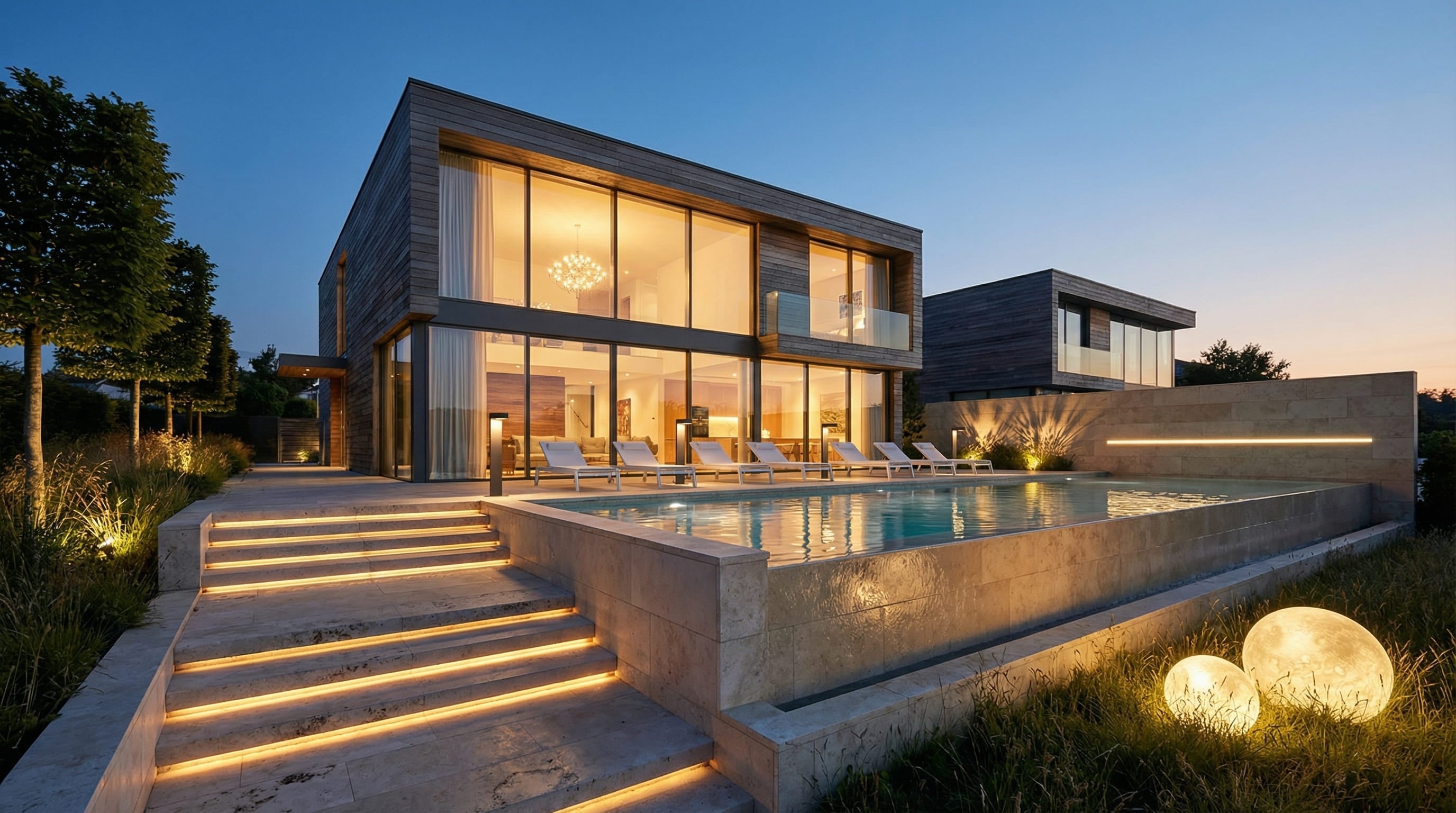 Luxury modern villa exterior at twilight featuring an illuminated swimming pool, LED strip stair lighting, and decorative glowing sphere garden lights.