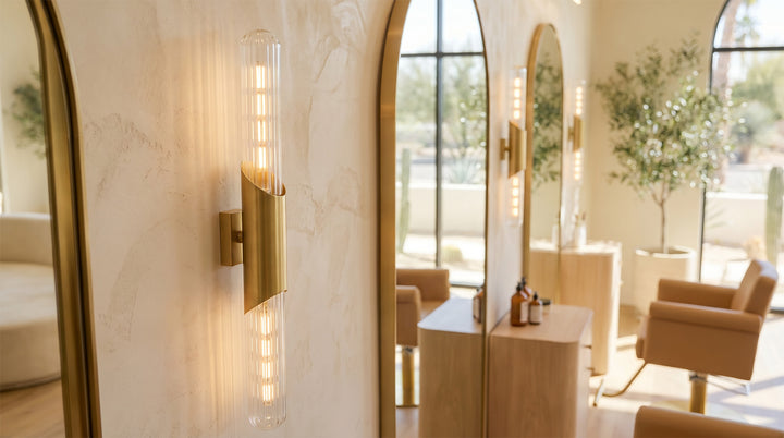 Up down wall lights gold LED with fluted glass shade provides elegant, ambient illumination for indoor and outdoor spaces.