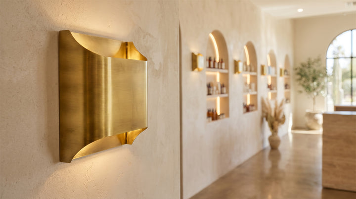 Elegant brass wall lights flanking a large mirror above a wood sideboard in a classic hallway.