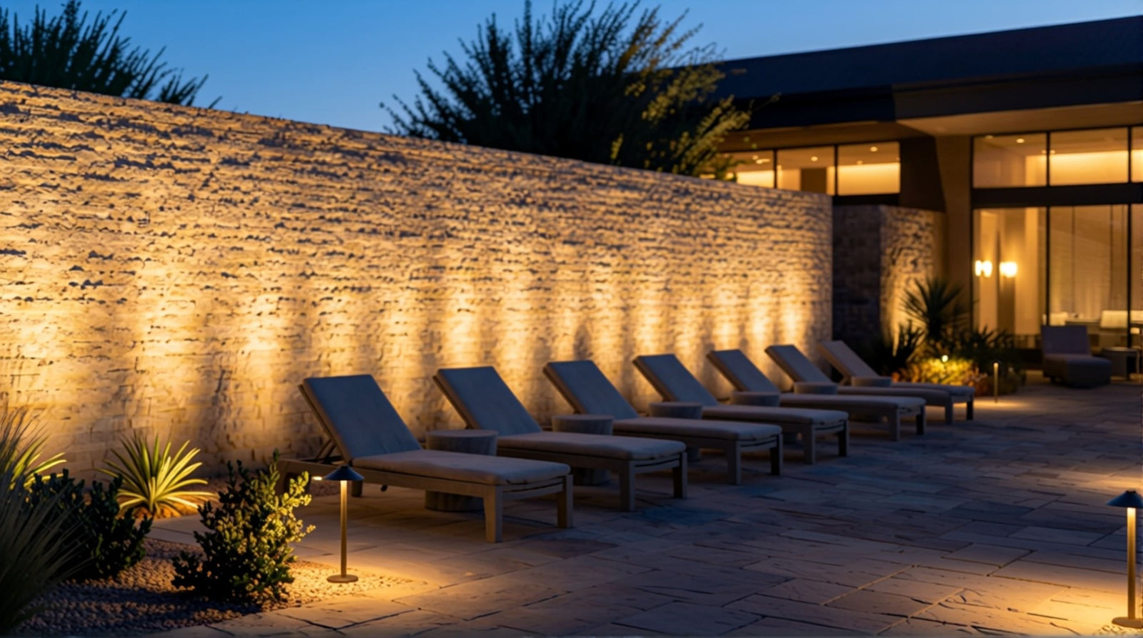Office building exterior wall sconces at night, showing facade illumination and entrance recognition from view 198