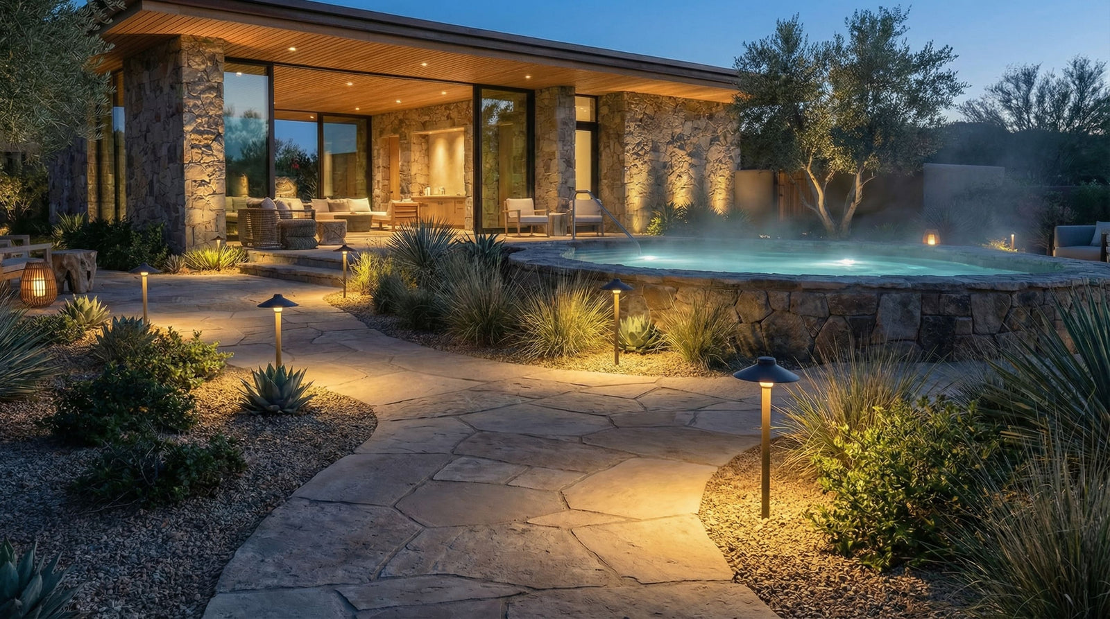 Modern commercial facade lighting image showing warm wall light across stone and glass surfaces