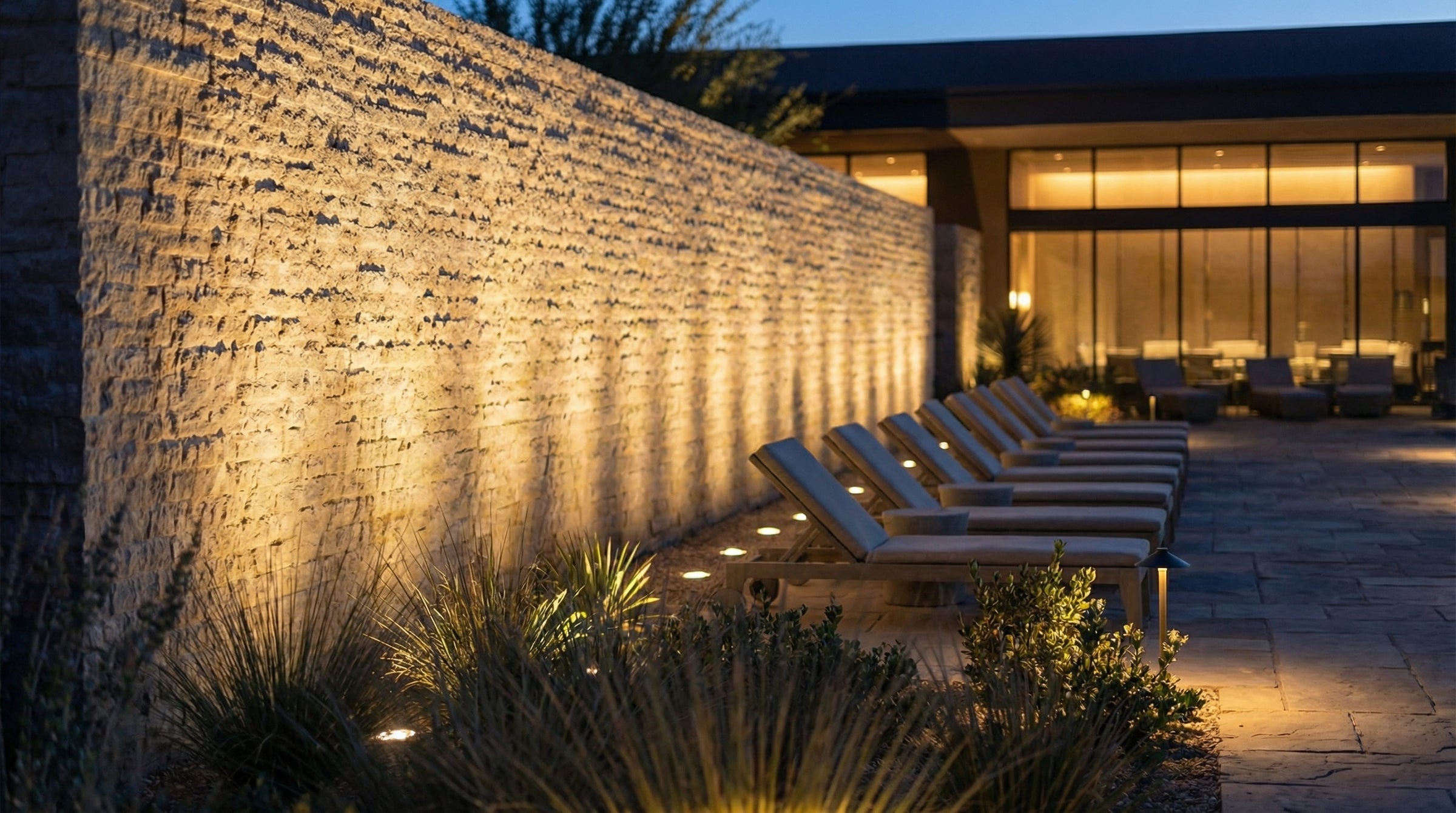 Nighttime office exterior with sconces, helping evaluate glare control and architectural emphasis